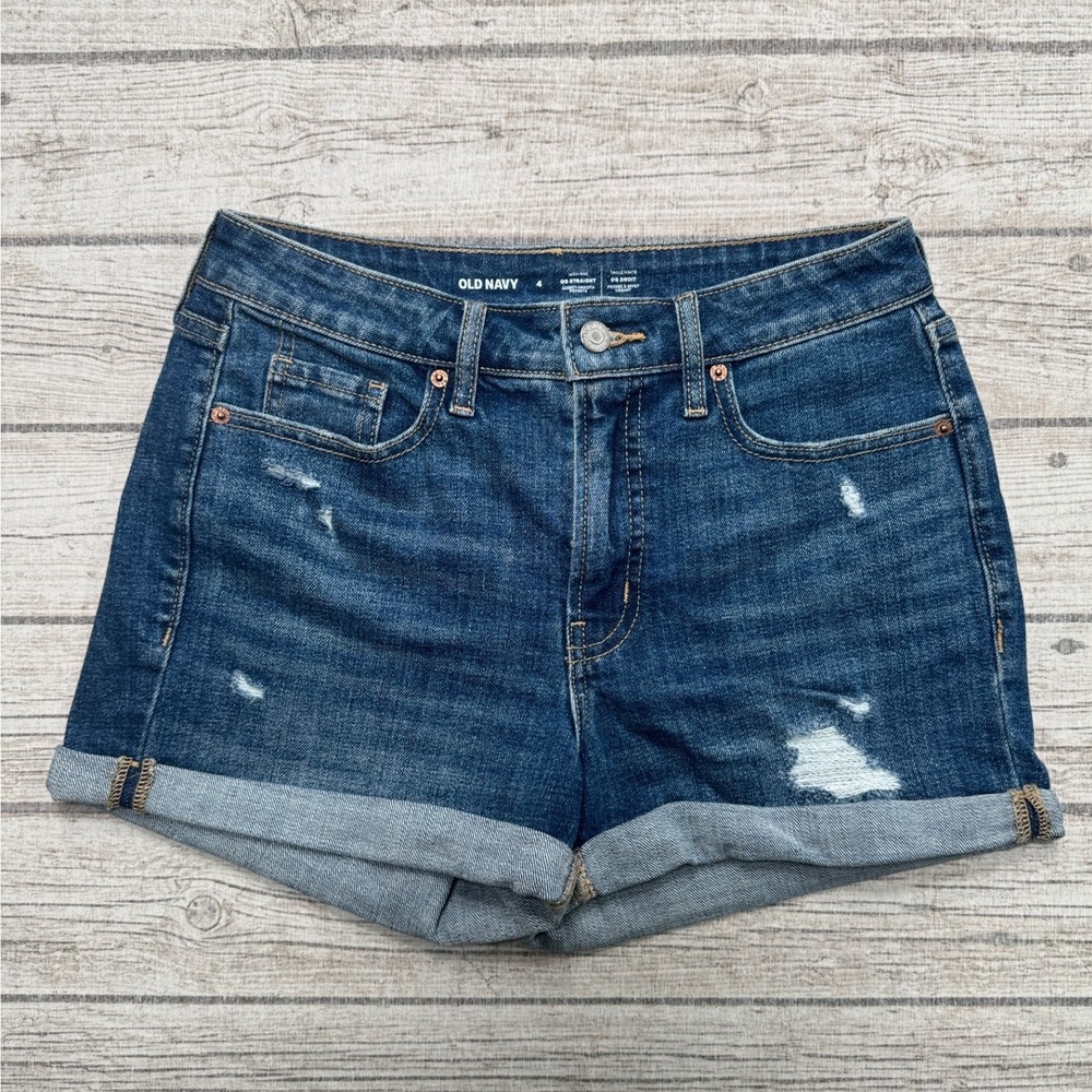 Old Navy Shorts Women's 4 Blue Denim Distressed High Rise Classic Cuffed Summer